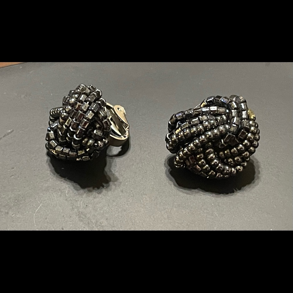 Vintage Grey Hematite Beaded Clip On Earrings